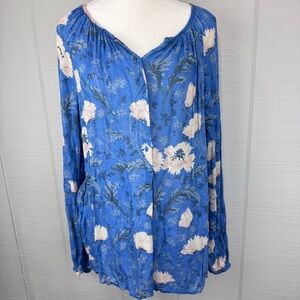 Lucky Brand Blue Pink Floral Button Up Lightweight Blouse Long Sleeve Boho